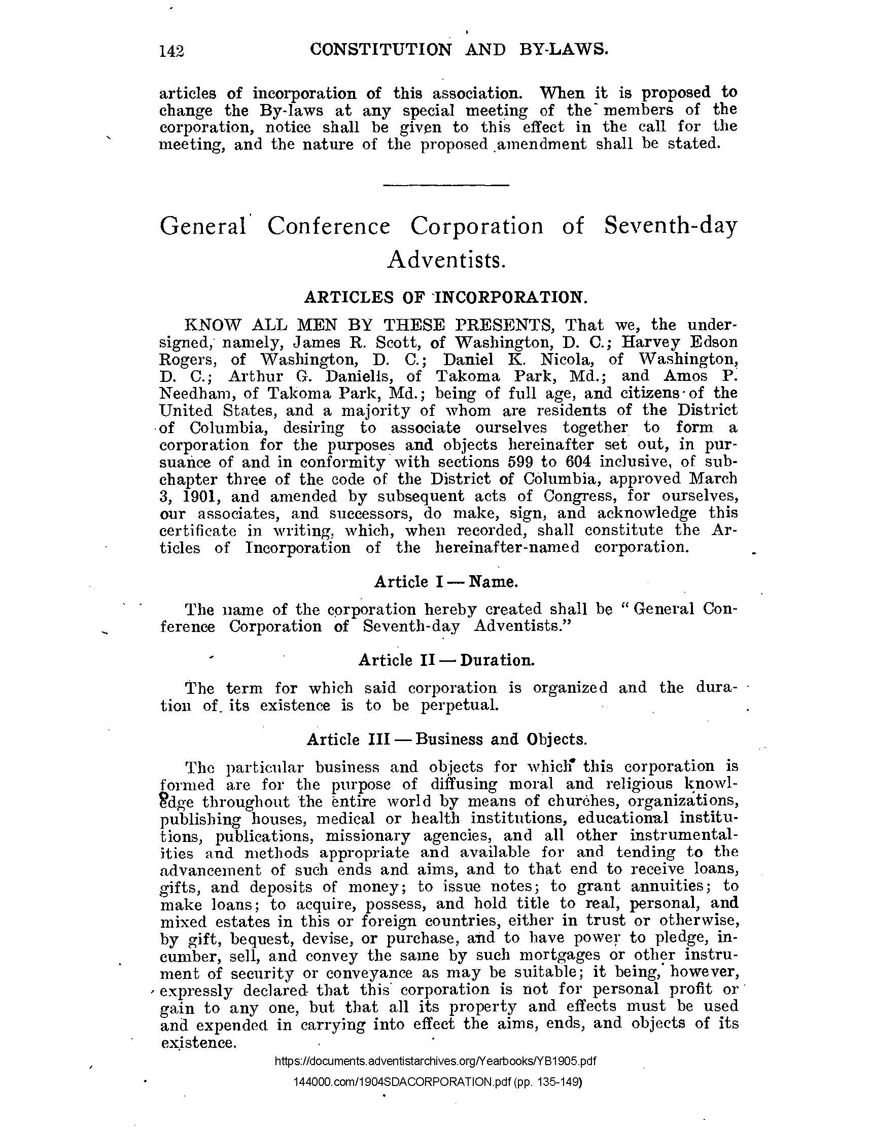 1904 General Conference Corporation of Seventh-day Adventists Formation: Apostate Leaders Arthur G. Daniells, Harvey Edson Rogers, James R. Scott, Daniel K. Nicola, Amos P. Needham signed the Articles of Incorporation marrying the Church to the United States Government through D.C. Law — Birth of 501(c)(3) Babylon