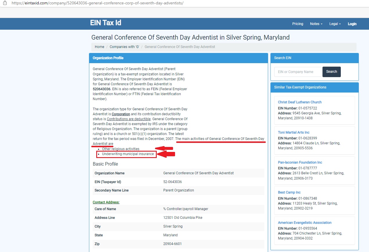 GC-SDA underwriting municipal insurance with tax-exempt status — betrayal of Sabbath truth