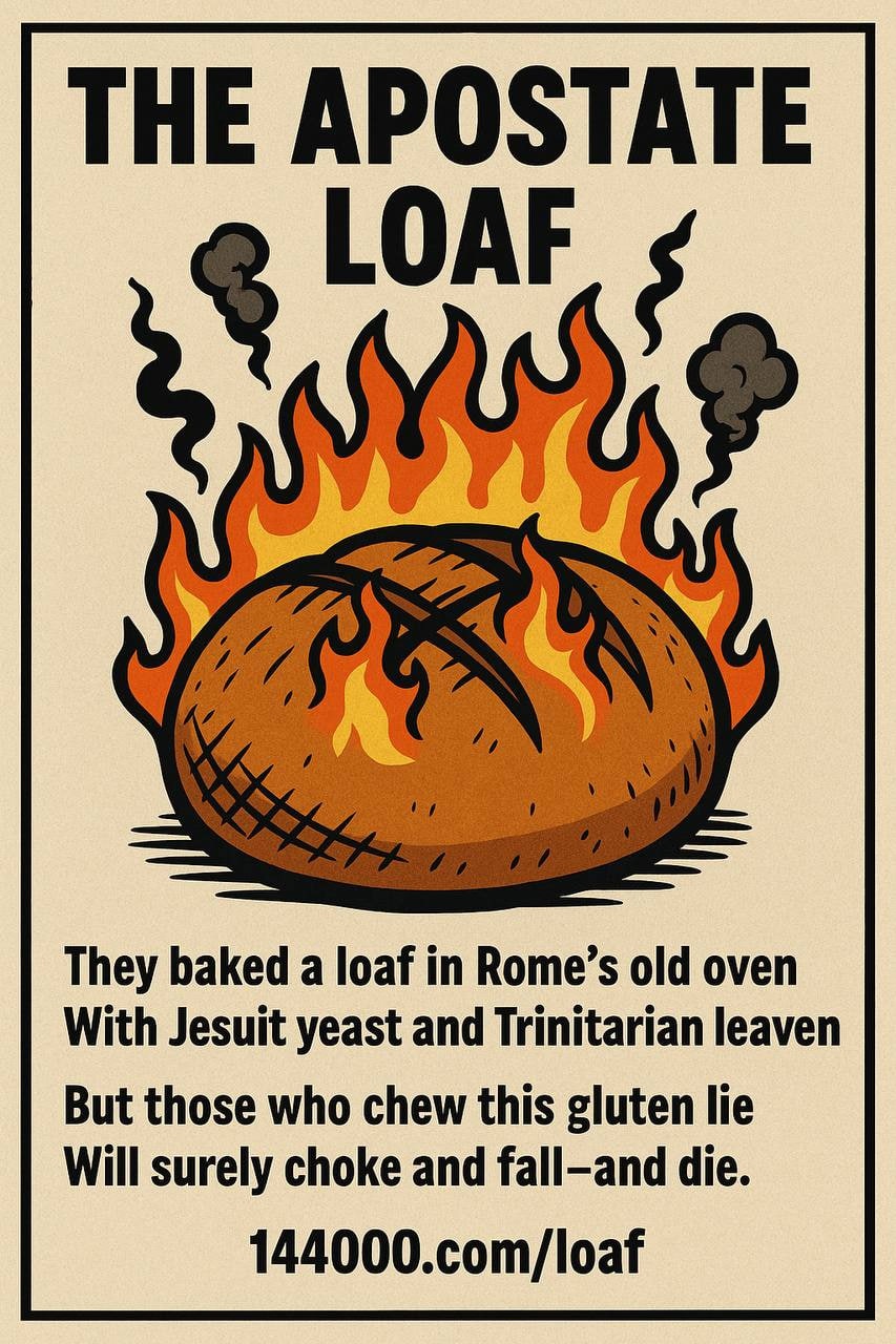 The Apostate Loaf – Jesuit gluten deception baked in Rome’s oven with Trinitarian yeast. 144000.com exposes the poisoned bread of false Protestantism and the 501(c)(3) image of the papacy another beast churches.
