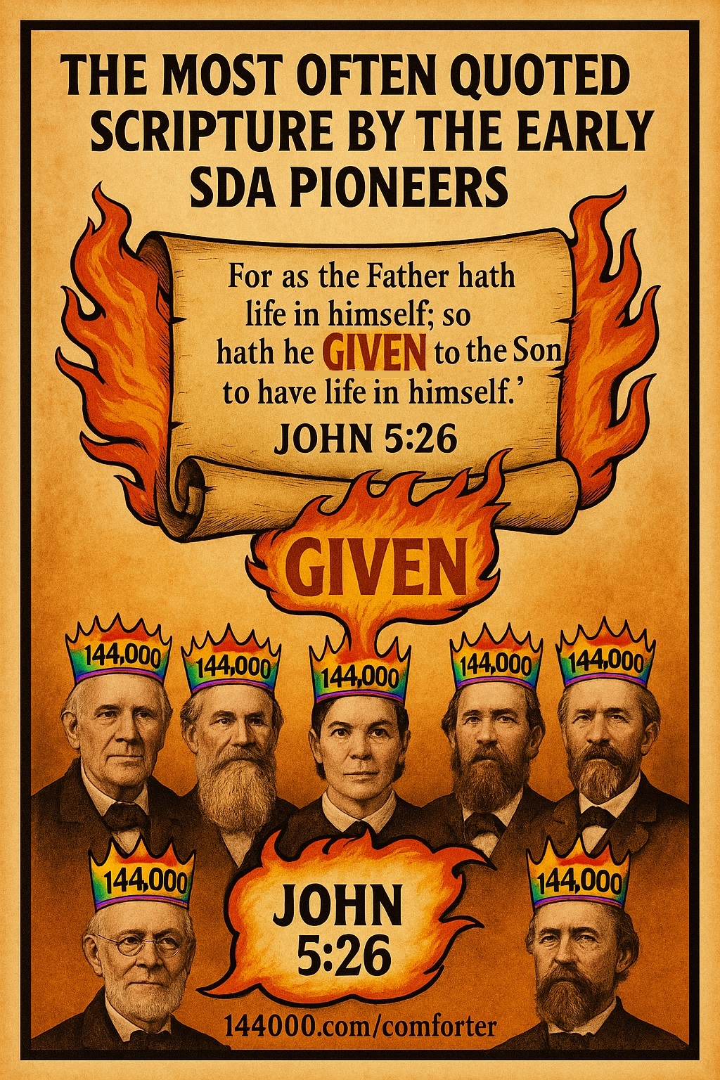 James Springer White, early Seventh-day Adventist pioneer, who rejected the Trinity and upheld John 5:26 as proof that Jesus was given life by the Father – foundational doctrine of the 144,000 remnant