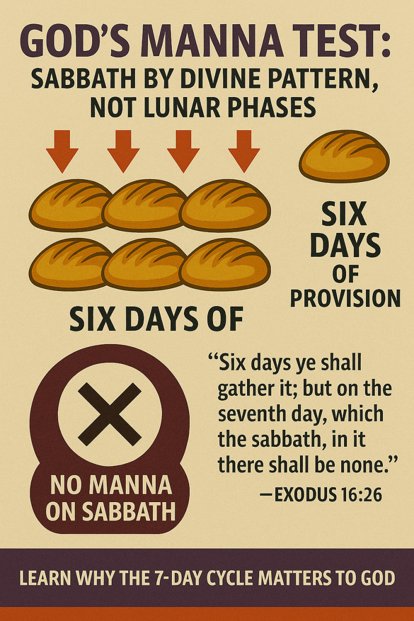 God's Manna Test in Exodus 16 proves the 7th-day Sabbath. Six days of manna, double portion on the sixth day (Friday), no manna on the seventh-day Sabbath (Saturday). Biblical proof the Sabbath follows a continuous weekly cycle, not moon phases. Refutes lunar sabbath teaching and confirms God's unchanging commandment.