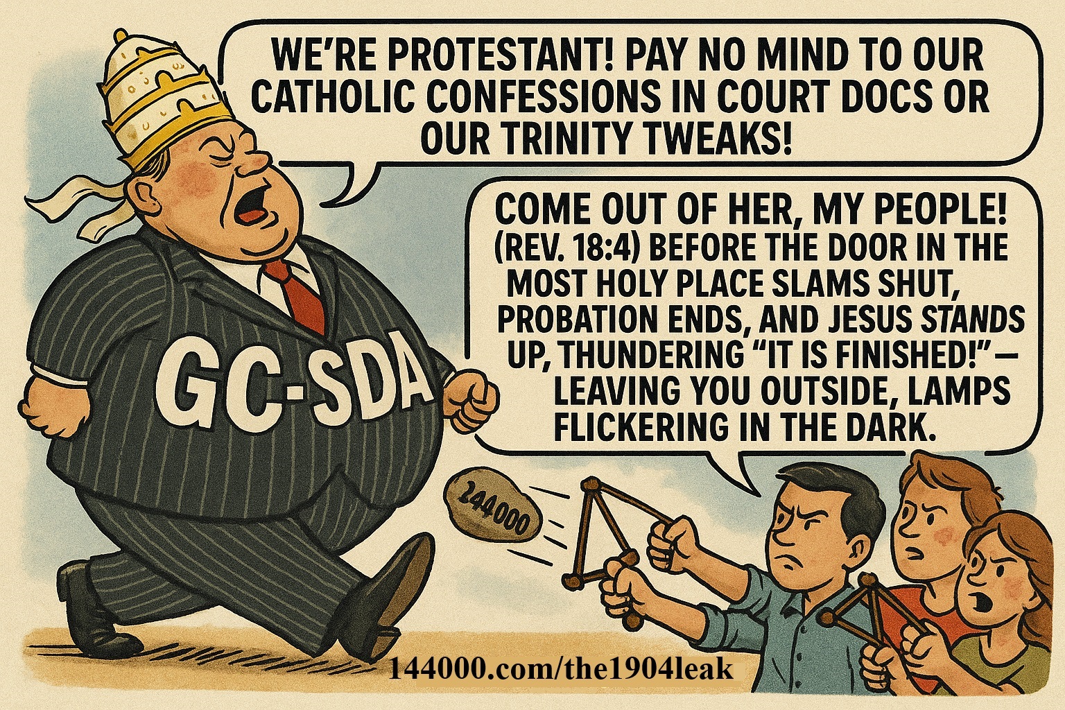 bloated GC-SDA corporate Goliath in pinstripes and papal tiara yelling We’re Protestant! while bold 144,000 Davids launch stones of truth from slingshots with the cry Come out of her, my people!