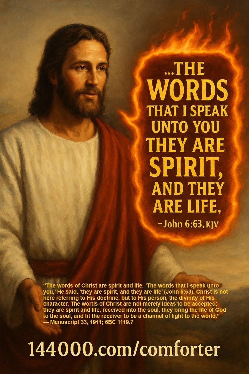 Jesus Christ declares in John 6:63 KJV — 'The words that I speak unto you, they are spirit, and they are life.' This image exposes the Comforter as Christ Himself, not a third being, highlighting the truth of His indwelling Spirit through His Word — as taught by the early Seventh-day Adventist pioneers and the 144,000 remnant.