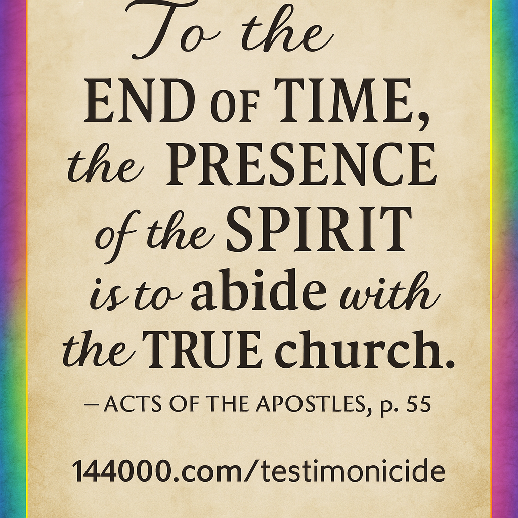 To the END OF TIME, the PRESENCE of the Spirit is to abide with the TRUE church. — Acts of the Apostles, p. 55