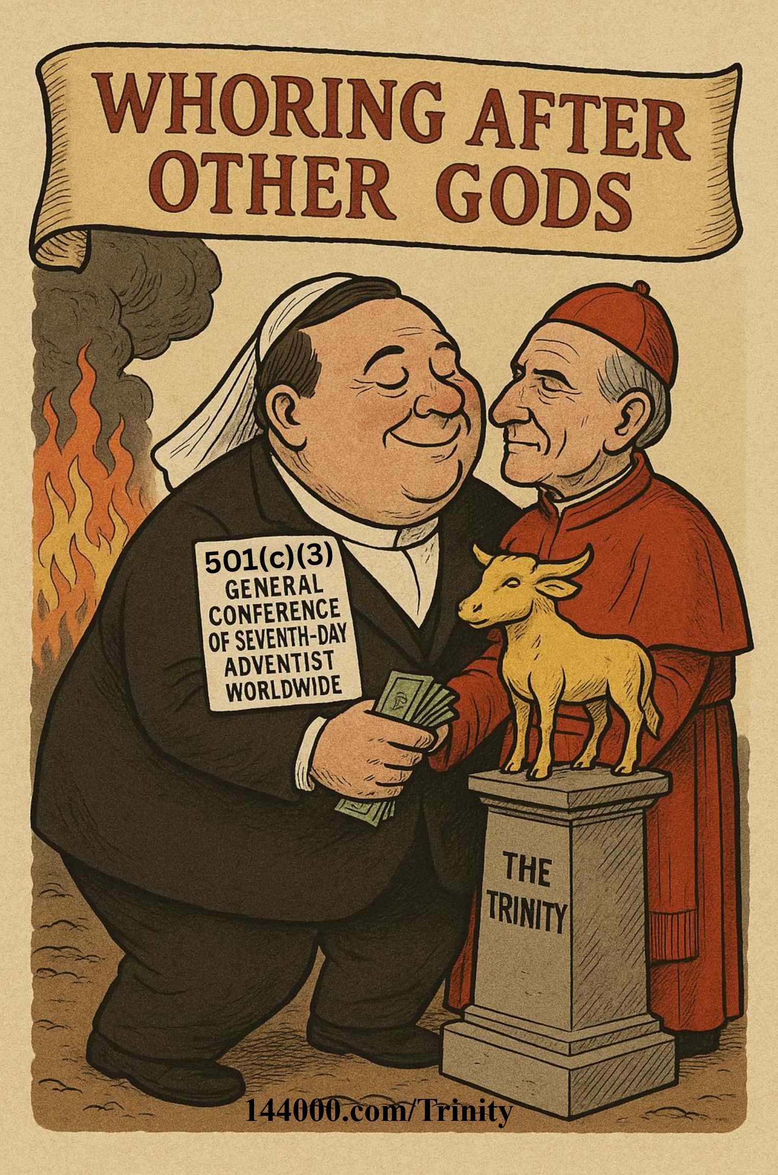 "WHORING AFTER OTHER GODS" — a GC-SDA corporate cleric Kohler exchanges money with a Roman Catholic cardinal beside a golden calf idol labeled "THE TRINITY"; footer shows "144000.com/Trinity".
